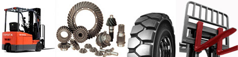 Kompozycja przedstawiająca wózek widłowy Toyota, przekładnie zębate, oponę i widelec, sugerująca serwis lub części zamienne.