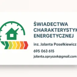 Grafika: Świadectwa charakterystyki energetycznej, logo z domem w zielonym okręgu, skala efektywności energetycznej, dane kontaktowe inż. Jolanty Posełkiewicz.
