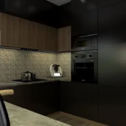 Nowoczesna kuchnia: czarne matowe fronty szafek, drewniane g&oacute;rne szafki, heksagonalne płytki na ścianie, sprzęt AGD w zabudowie. Minimalistyczny design i stonowana kolorystyka.