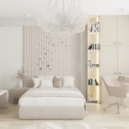 Jasna sypialnia z tapicerowanym zagłówkiem zdobionym motylami, toaletką z owalnym lustrem i biurkiem z krzesłem. Całość w odcieniach beżu i bieli, z delikatnym oświetleniem.