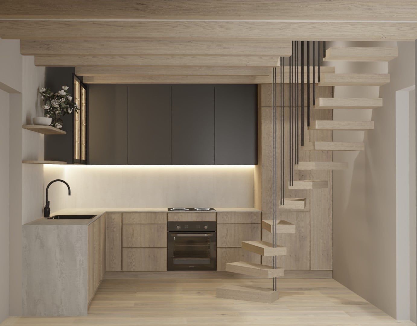 Jasna kuchnia na wymiar z drewnianymi elementami i czarnymi szafkami górnymi. Spiralne schody zintegrowane z zabudową. Oświetlenie LED pod szafkami.
