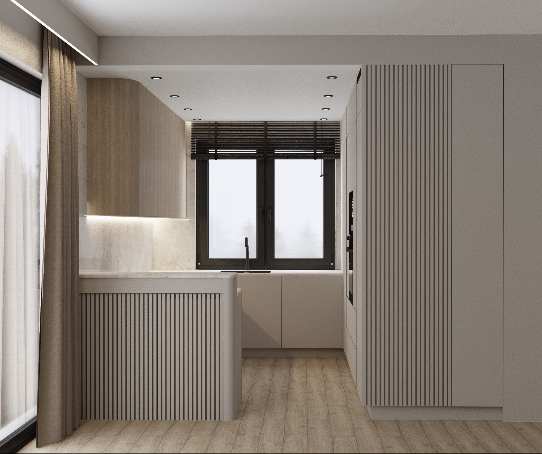 Nowoczesna kuchnia w odcieniach beżu i drewna z pionowymi żłobieniami na frontach, oświetleniem LED i drewnianą podłogą. Minimalistyczny design z dużym oknem.