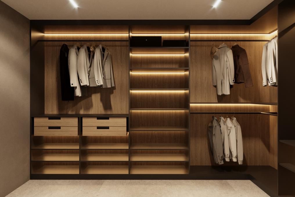Nowoczesna szafa wnękowa z oświetleniem LED, drewnopodobne fronty, widoczne ubrania na wieszakach i półki, minimalistyczny design.