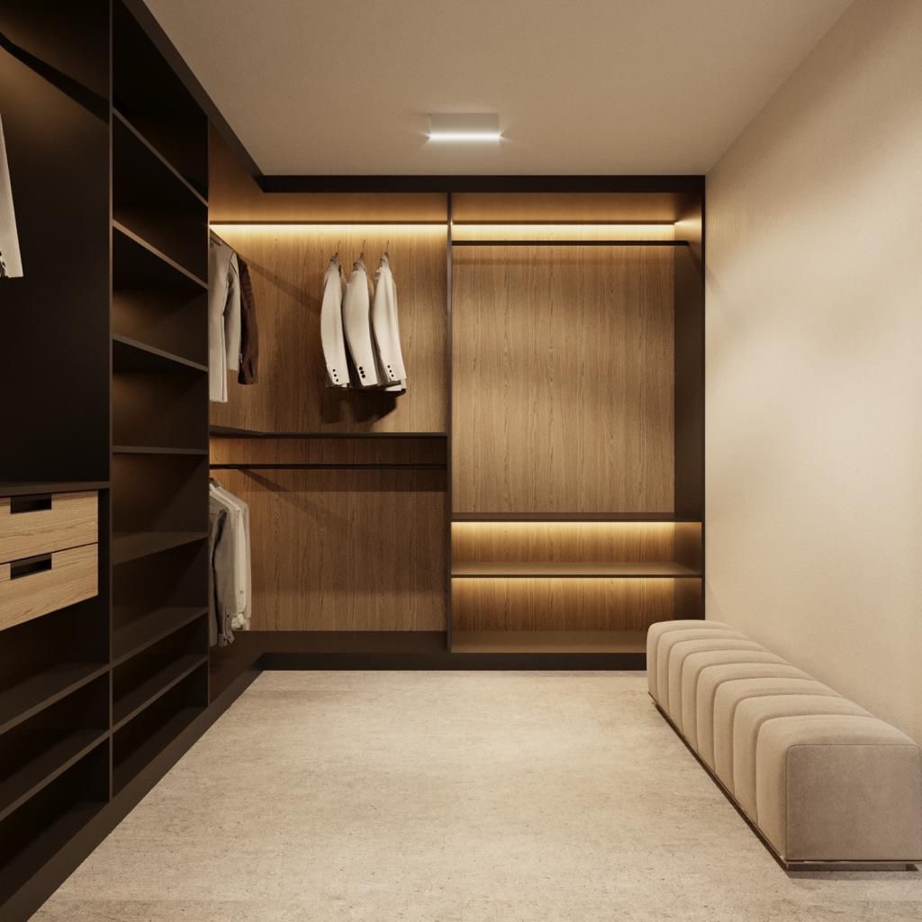 Nowoczesna szafa wnękowa z oświetleniem LED, drewniane wykończenie, beżowa pufa. Minimalistyczny design, eleganckie wnętrze garderoby.