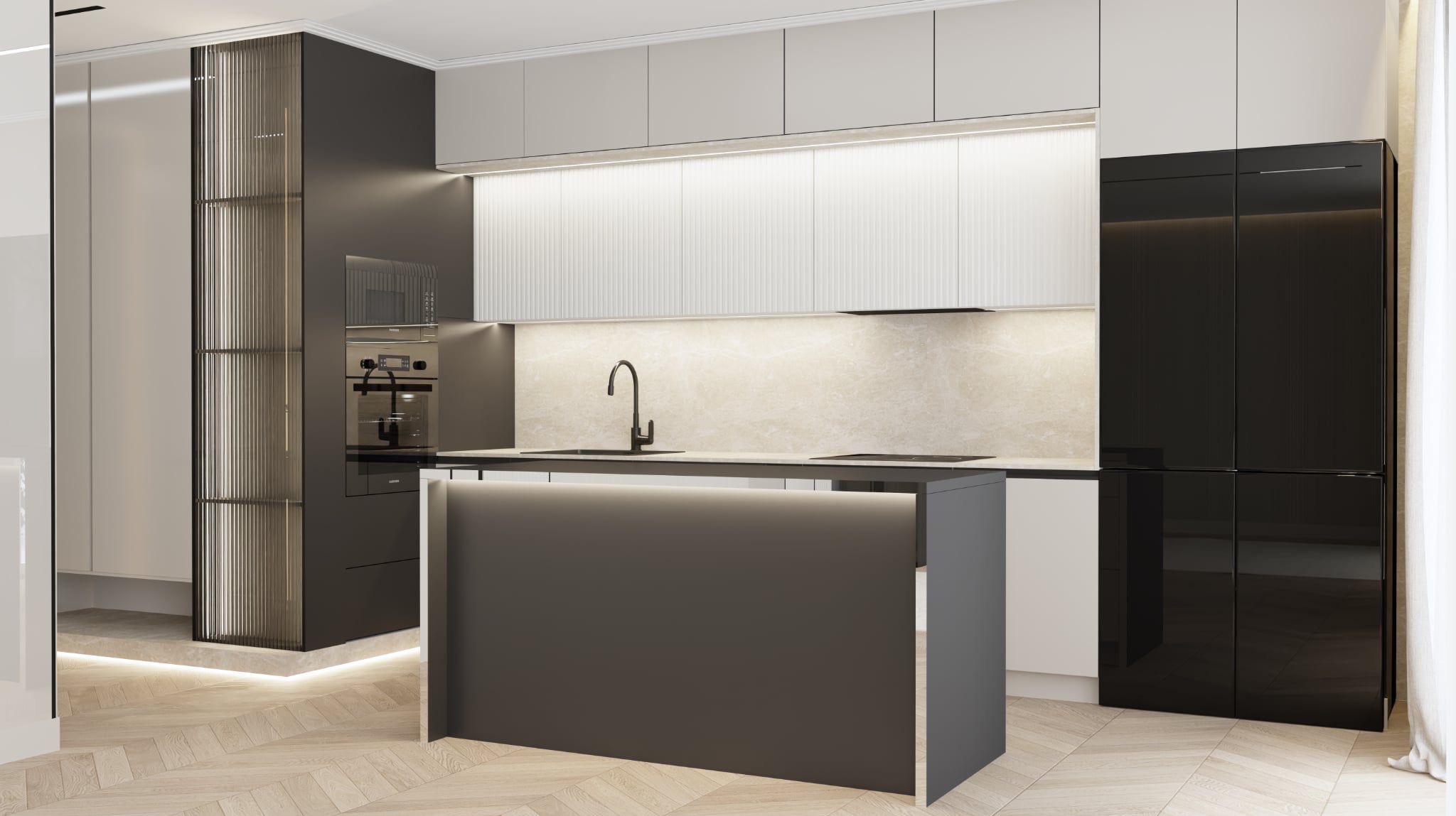 Nowoczesna kuchnia na wymiar z wyspą, fronty w odcieniach szarości i bieli, oświetlenie LED, parkiet w jodełkę, czarne AGD, minimalistyczny design.