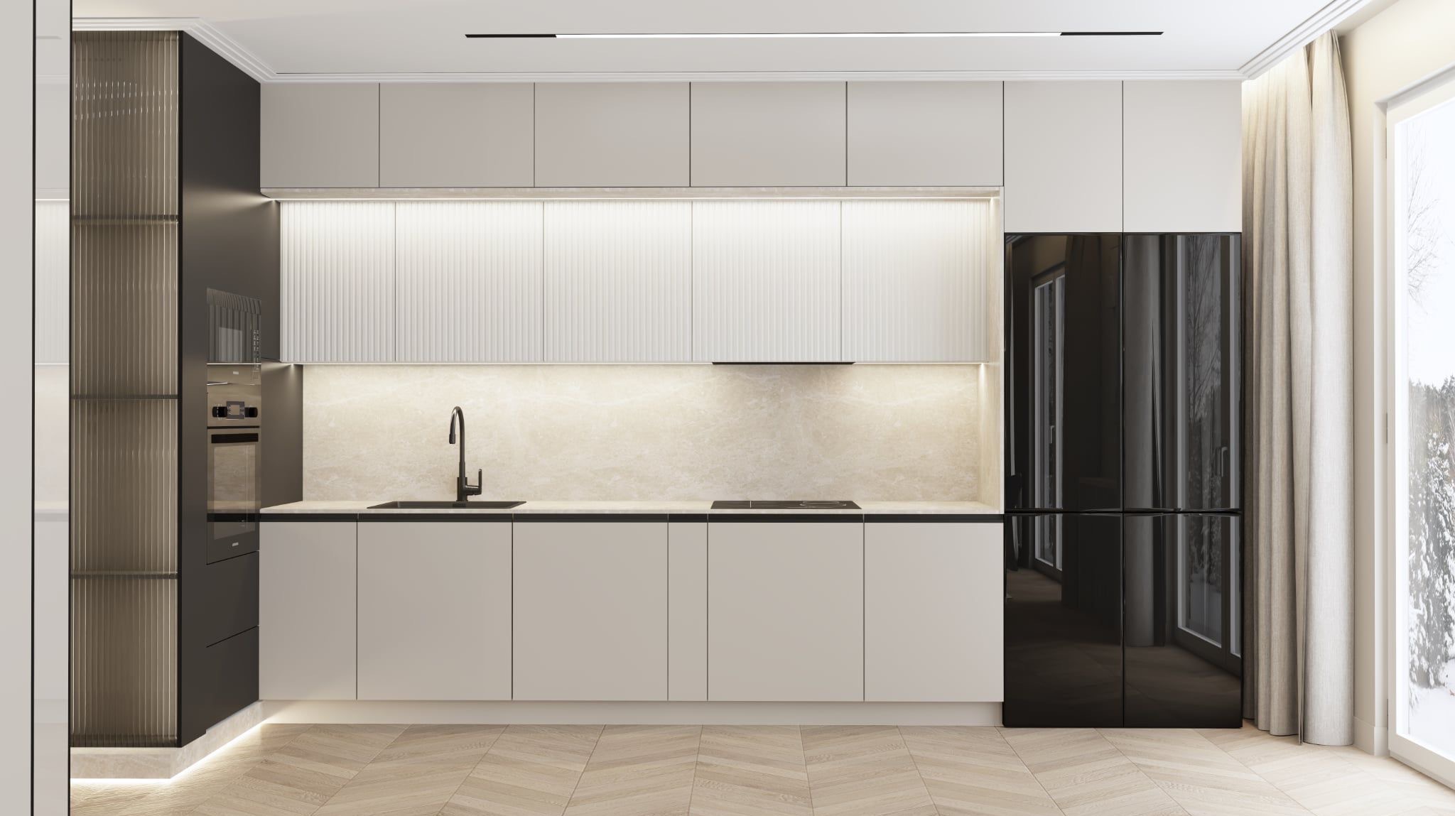 Minimalistyczna kuchnia z beżowymi frontami, czarną armaturą i lodówką. Parkiet w jodełkę, oświetlenie LED i widok na zimowy krajobraz za oknem.