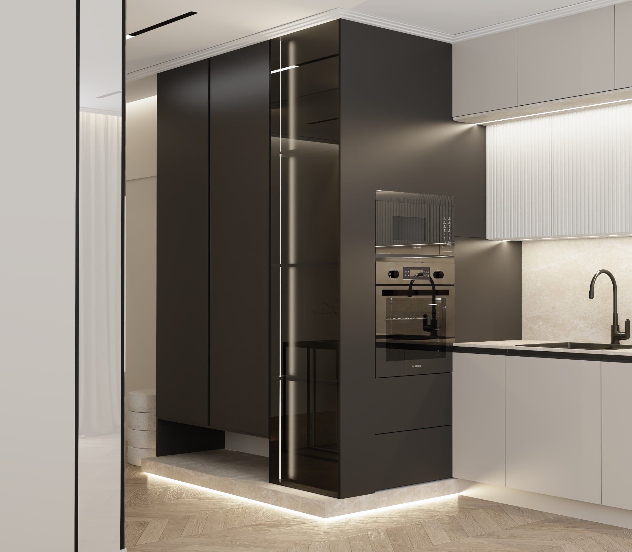 Minimalistyczna kuchnia z czarnymi szafkami i oświetleniem LED, widok z boku, parkiet w jodełkę, elementy zabudowy kuchennej z piekarnikiem i mikrofalówką.