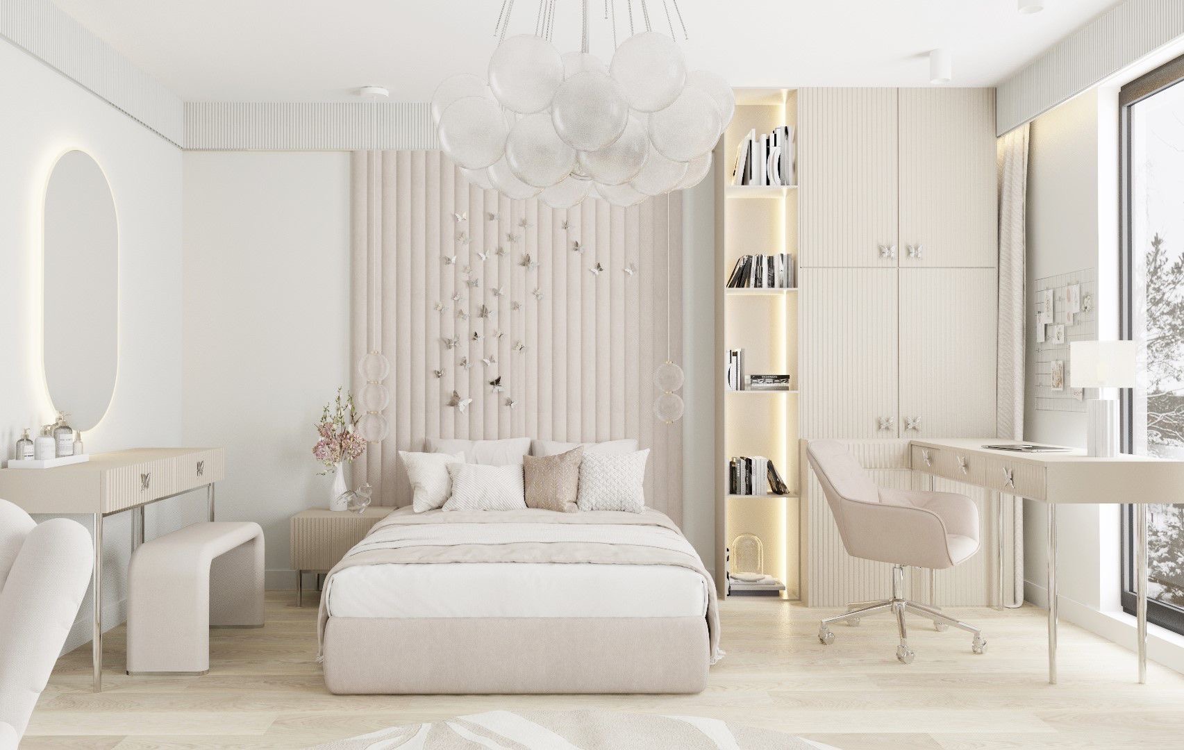 Jasna sypialnia z tapicerowanym zagłówkiem zdobionym motylami, toaletką z owalnym lustrem i biurkiem z krzesłem. Całość w odcieniach beżu i bieli, z delikatnym oświetleniem.