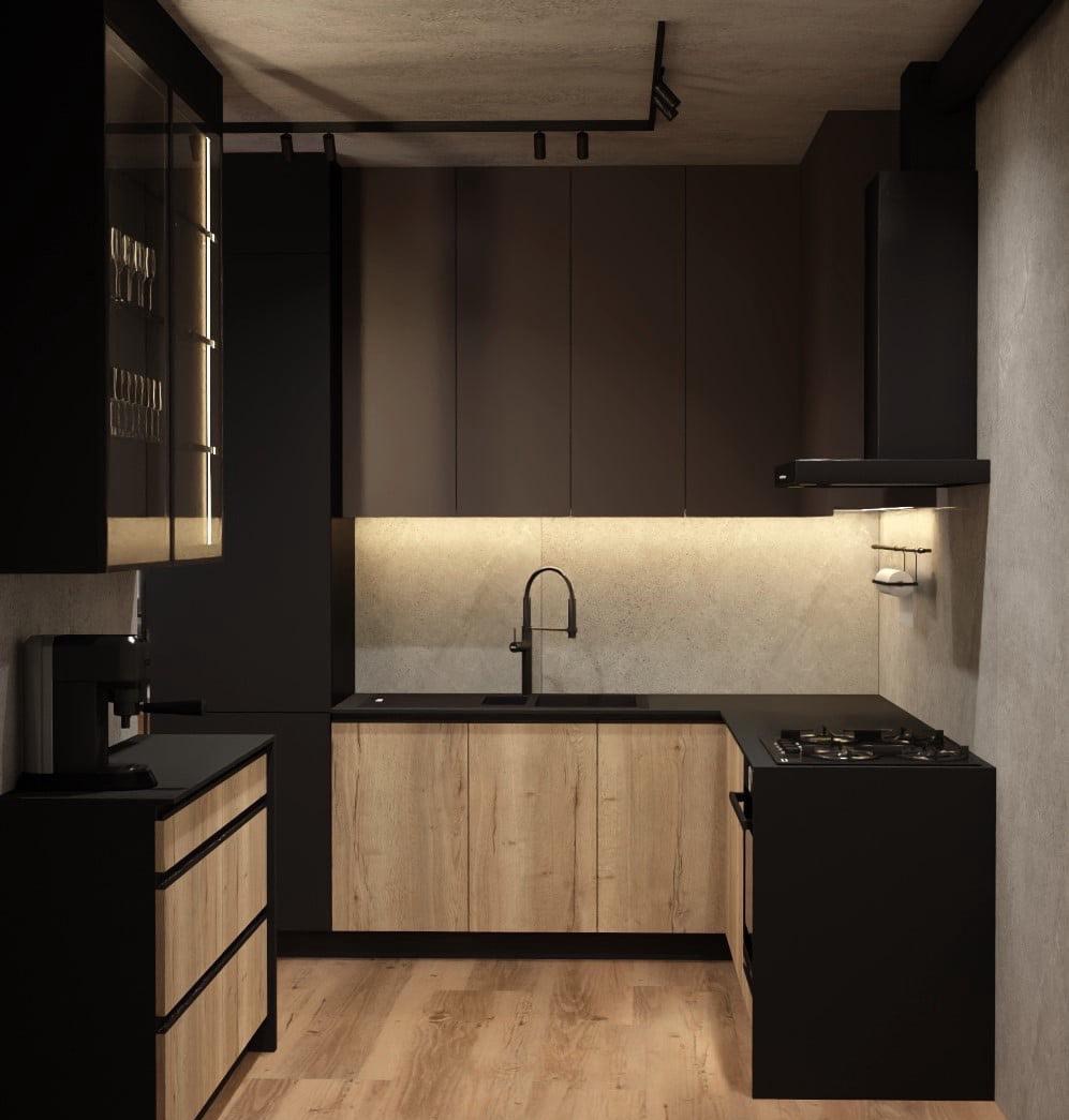 Nowoczesna kuchnia w odcieniach czerni i drewna z podświetleniem LED. Minimalistyczny design, armatura kuchenna w czarnym macie, drewniane fronty dolnych szafek.