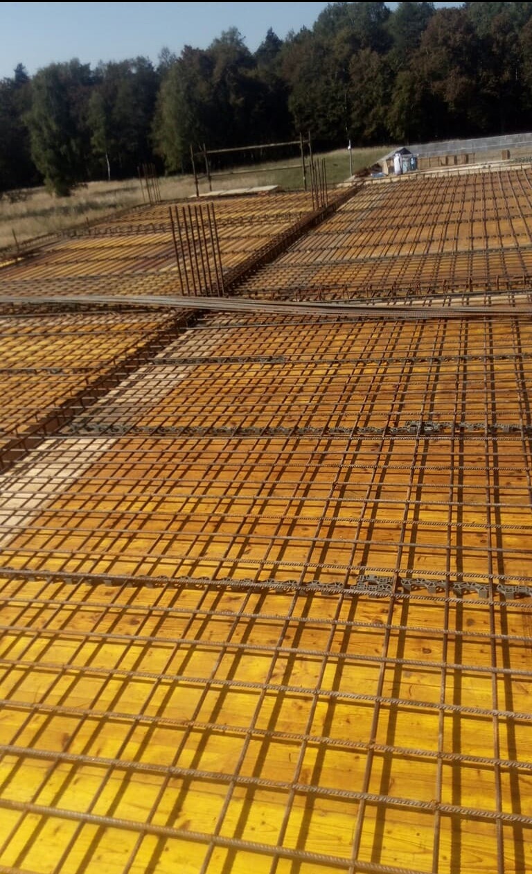 Zbrojenie fundamentów na żółtym szalunku z widocznymi prętami pionowymi i poziomymi, przygotowane do wylania betonu, z lasem w tle.