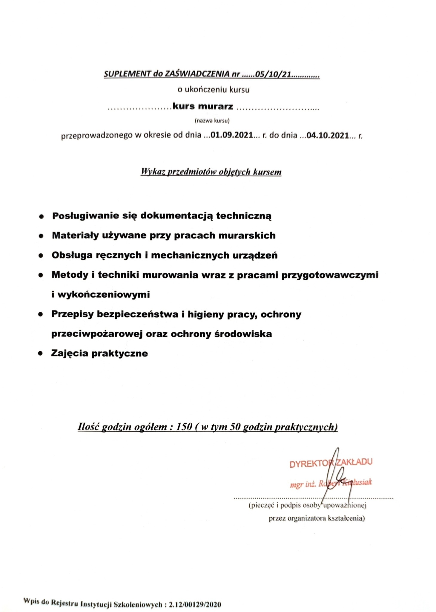 Skan suplementu do zaświadczenia o ukończeniu kursu murarza, z wykazem przedmiotów objętych kursem i podpisem dyrektora zakładu.