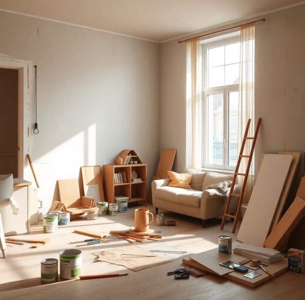 Pokój przed remontem: farby, drabina, meble zabezpieczone, światło słoneczne wpadające przez okno z firankami. Przygotowania do prac wykończeniowych.