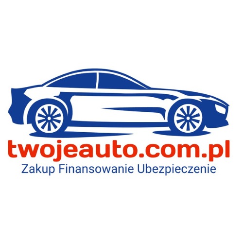 Ilustracja samochodu w kolorze niebieskim z nazwą firmy twojeauto.com.pl i hasłem: Zakup Finansowanie Ubezpieczenie, na białym tle.