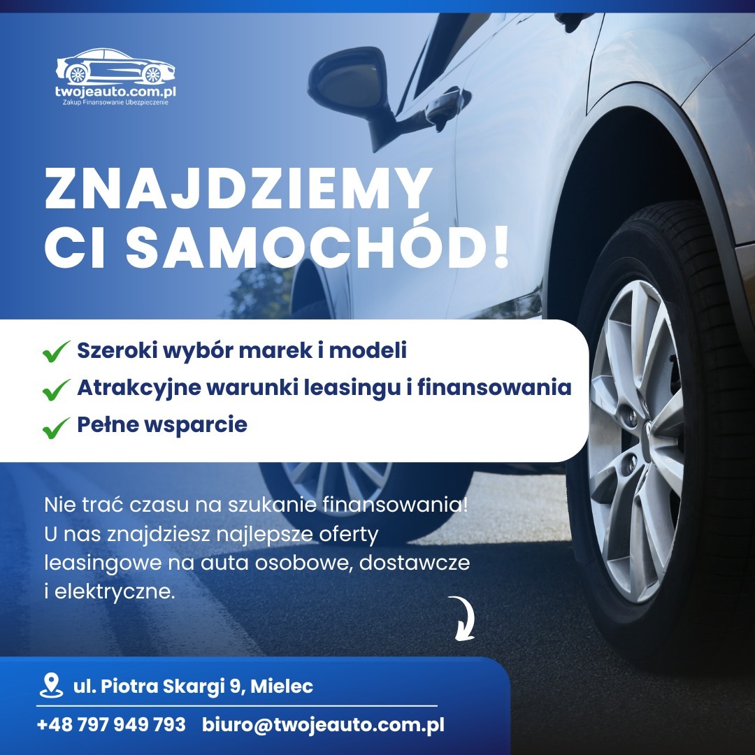 Reklama leasingu samochodowego: biały SUV z bliska, hasło 'Znajdziemy Ci samochód!', szeroki wybór, atrakcyjne warunki, pełne wsparcie, adres i kontakt.