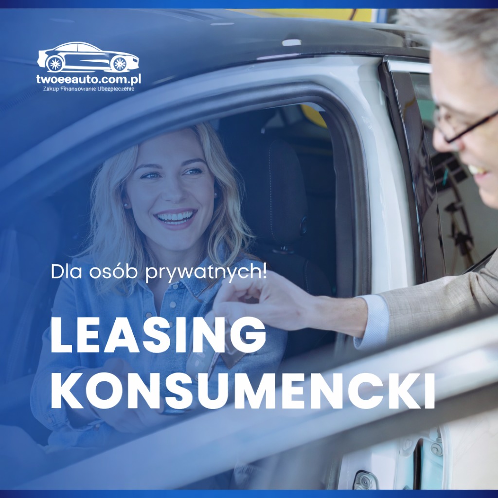 Uśmiechnięta kobieta w samochodzie odbiera kluczyki od mężczyzny. Tekst: Leasing konsumencki dla osób prywatnych. Logo firmy na górze.