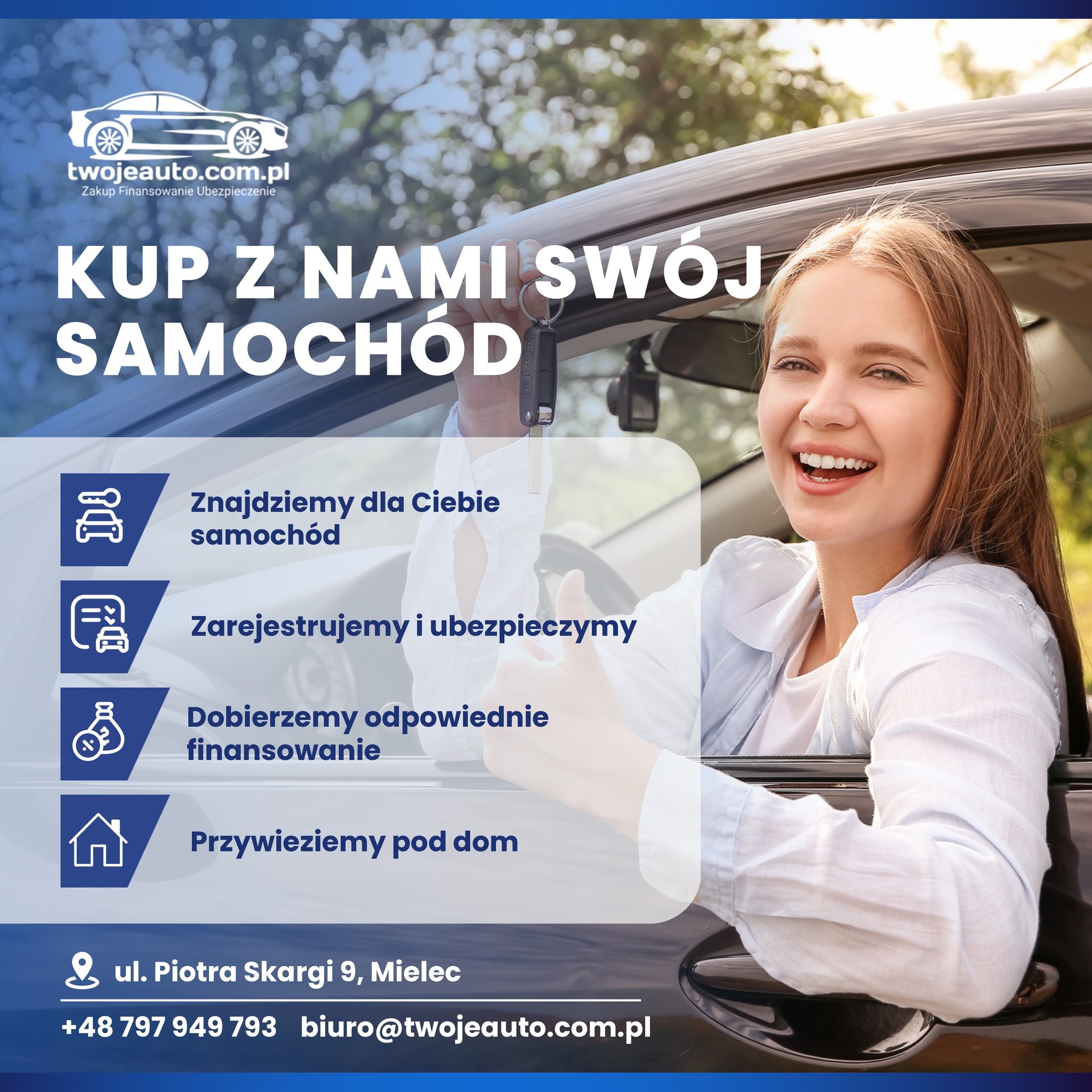 Uśmiechnięta kobieta w samochodzie trzyma kluczyki. Oferta zakupu, finansowania i ubezpieczenia auta. Znajdziemy, zarejestrujemy, ubezpieczymy i przywieziemy pod dom.