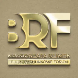Złote logo 'RF' z nazwą 'Małgorzata Klimek Biuro Rachunkowe Forum' na teksturowanym, beżowym tle. Elegancki, trójwymiarowy efekt.