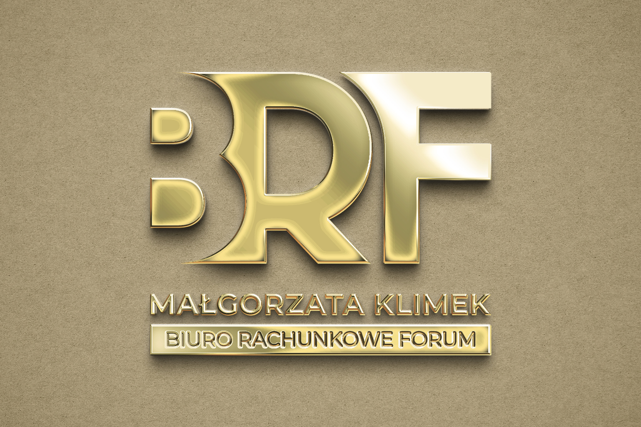 Złote logo 'RF' z nazwą 'Małgorzata Klimek Biuro Rachunkowe Forum' na teksturowanym, beżowym tle. Elegancki, trójwymiarowy efekt.