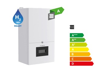 Nowoczesny, biały piec gazowy z oznaczeniem H2 20% Ready i klasą energetyczną A+++. Kompaktowy design, widoczny panel sterowania. Piec gotowy na przyszłość.
