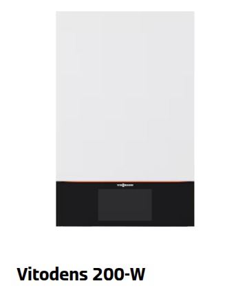 Nowoczesny, kondensacyjny kocioł gazowy Viessmann Vitodens 200-W z panelem sterowania, na białym tle. Model wiszący, o minimalistycznym designie.