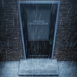 Hermes Detektywi - HERMES GROUP SPÓŁKA Z OGRANICZONĄ ODPOWIEDZIALNOŚCIĄ - Drzwi z napisem 'Private Investigator' w deszczu, na tle ceglanej ściany. Mroczna atmosfera, sugerująca tajemniczość i profesję detektywa.