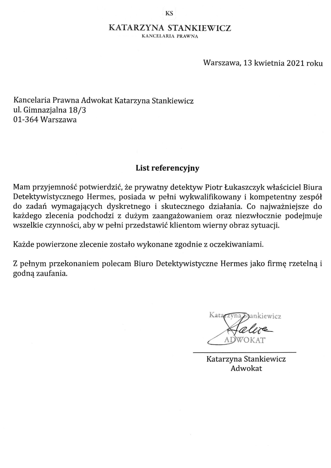 List referencyjny dla biura detektywistycznego Hermes, wystawiony przez adwokat Katarzynę Stankiewicz, datowany na 13 kwietnia 2021 roku. Dokument z podpisem.