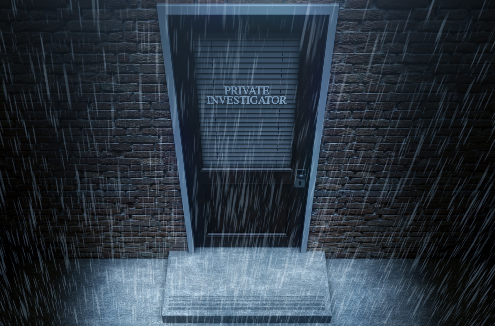 Drzwi z napisem 'Private Investigator' w deszczu, na tle ceglanej ściany. Mroczna atmosfera, sugerująca tajemniczość i profesję detektywa.