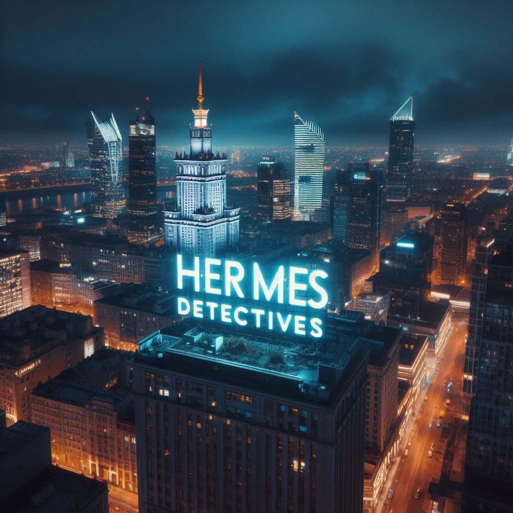 Nocna panorama miasta z budynkami i neonowym napisem 'HERMES DETECTIVES' na dachu. Pałac Kultury i Nauki w tle.