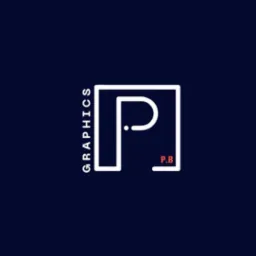 Minimalistyczny logotyp z literą 'P' w białym obrysie na granatowym tle, z pionowym napisem 'GRAPHICS' i czerwonym akcentem 'P.B'. Nowoczesny design.