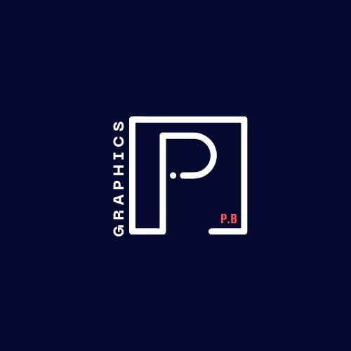 Minimalistyczny logotyp z literą 'P' w białym obrysie na granatowym tle, z pionowym napisem 'GRAPHICS' i czerwonym akcentem 'P.B'. Nowoczesny design.