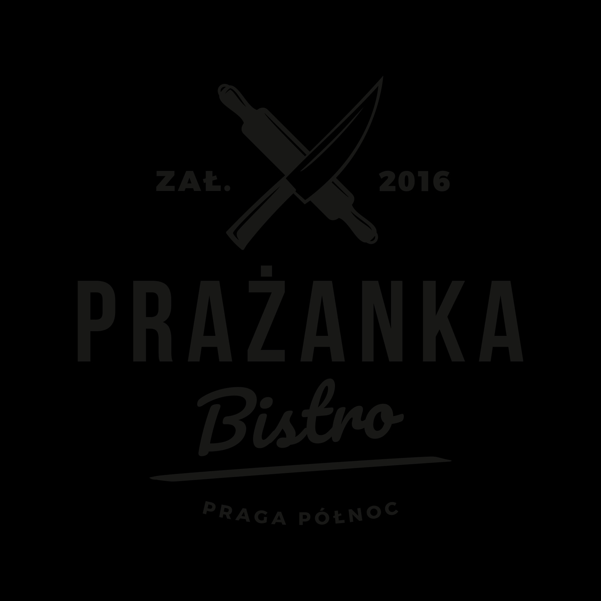 Logo bistro 'Prażanka' z motywem wałka i noża, rok założenia 2016, Praga Północ. Minimalistyczny design na czarnym tle.