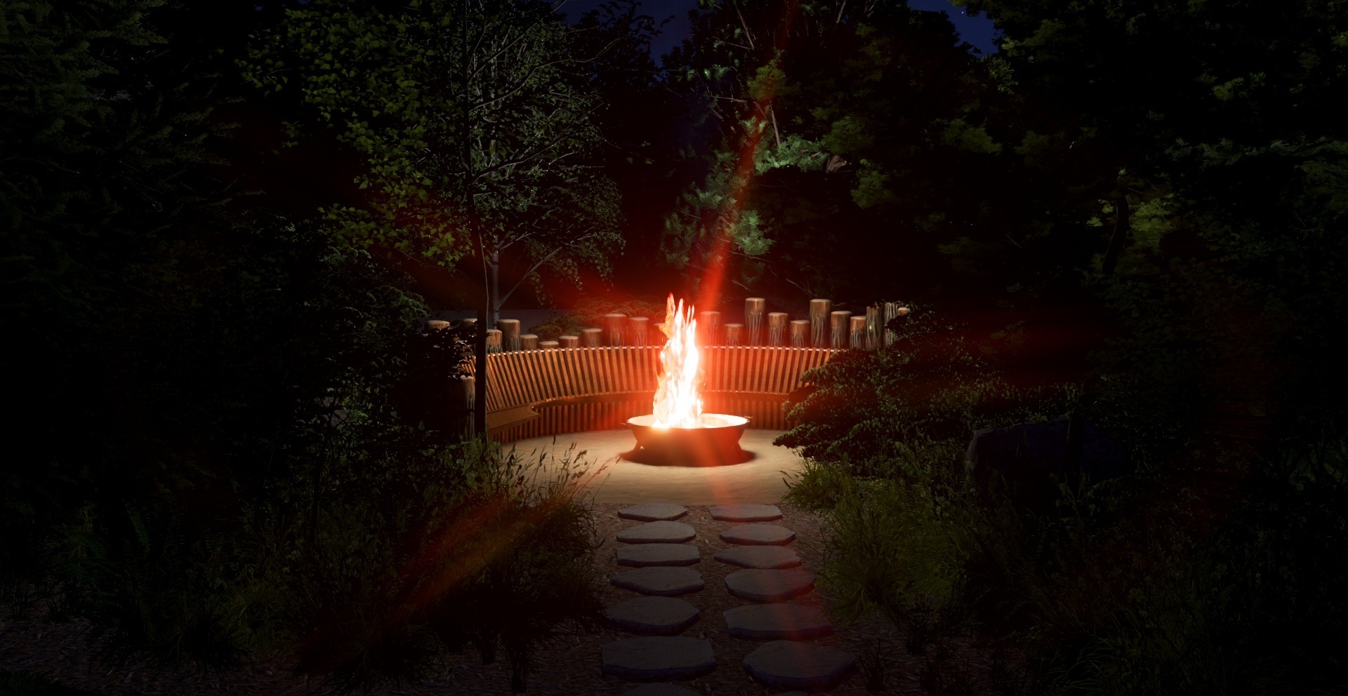 Oświetlony nocą ogród z paleniskiem otoczonym ławką z drewna i ścieżką z kamieni. Dekoracyjne oświetlenie podkreśla roślinność i tworzy przytulną atmosferę.