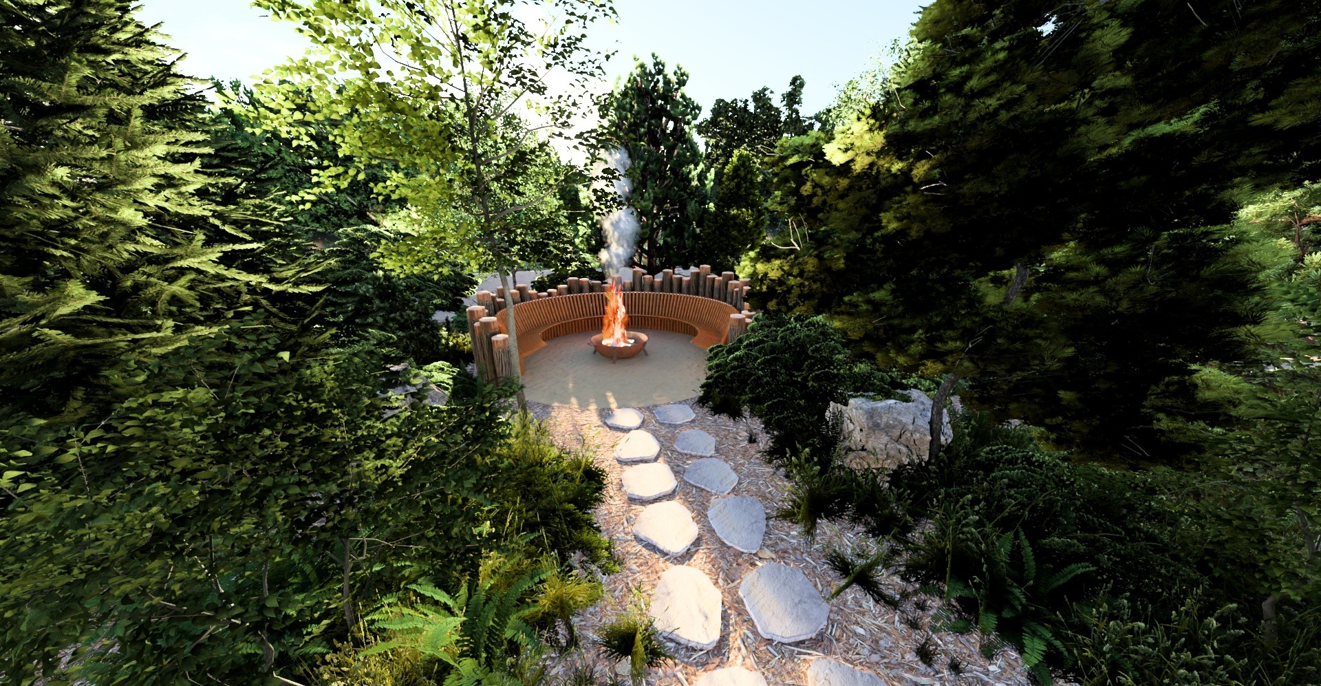 Ogród z paleniskiem otoczonym drewnianą ławką, ścieżka z kamieni prowadzi do ogniska. Całość otoczona zielenią drzew i krzewów, tworząc zaciszne miejsce.