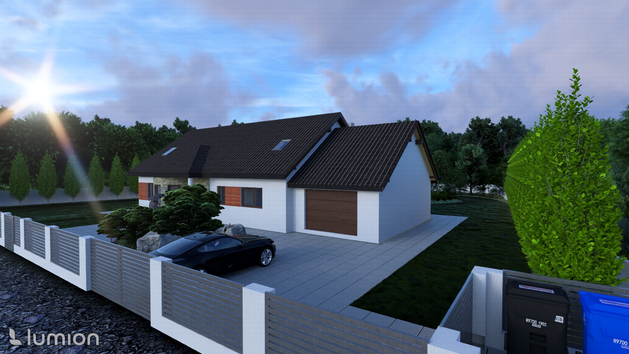 Wizualizacja domu jednorodzinnego z garażem, otoczonego zielenią i ogrodzeniem panelowym. Na podjeździe stoi czarny samochód. Widoczne krzewy i drzewa.