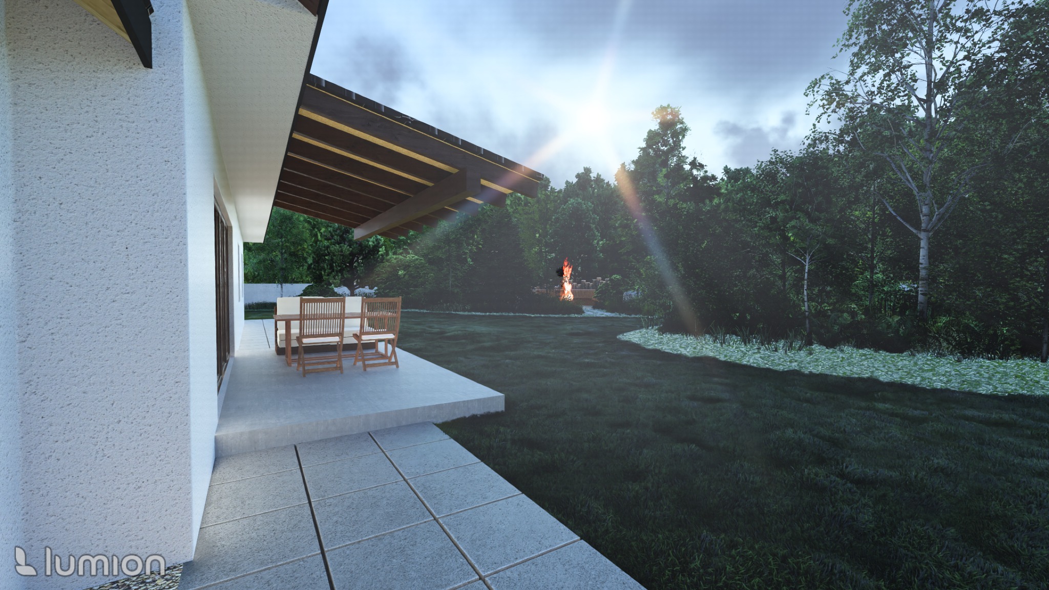 Wizualizacja ogrodu z tarasem i miejscem na ognisko w tle. Widok z boku domu, z widocznym zestawem mebli ogrodowych na tarasie i zielonym trawnikiem.