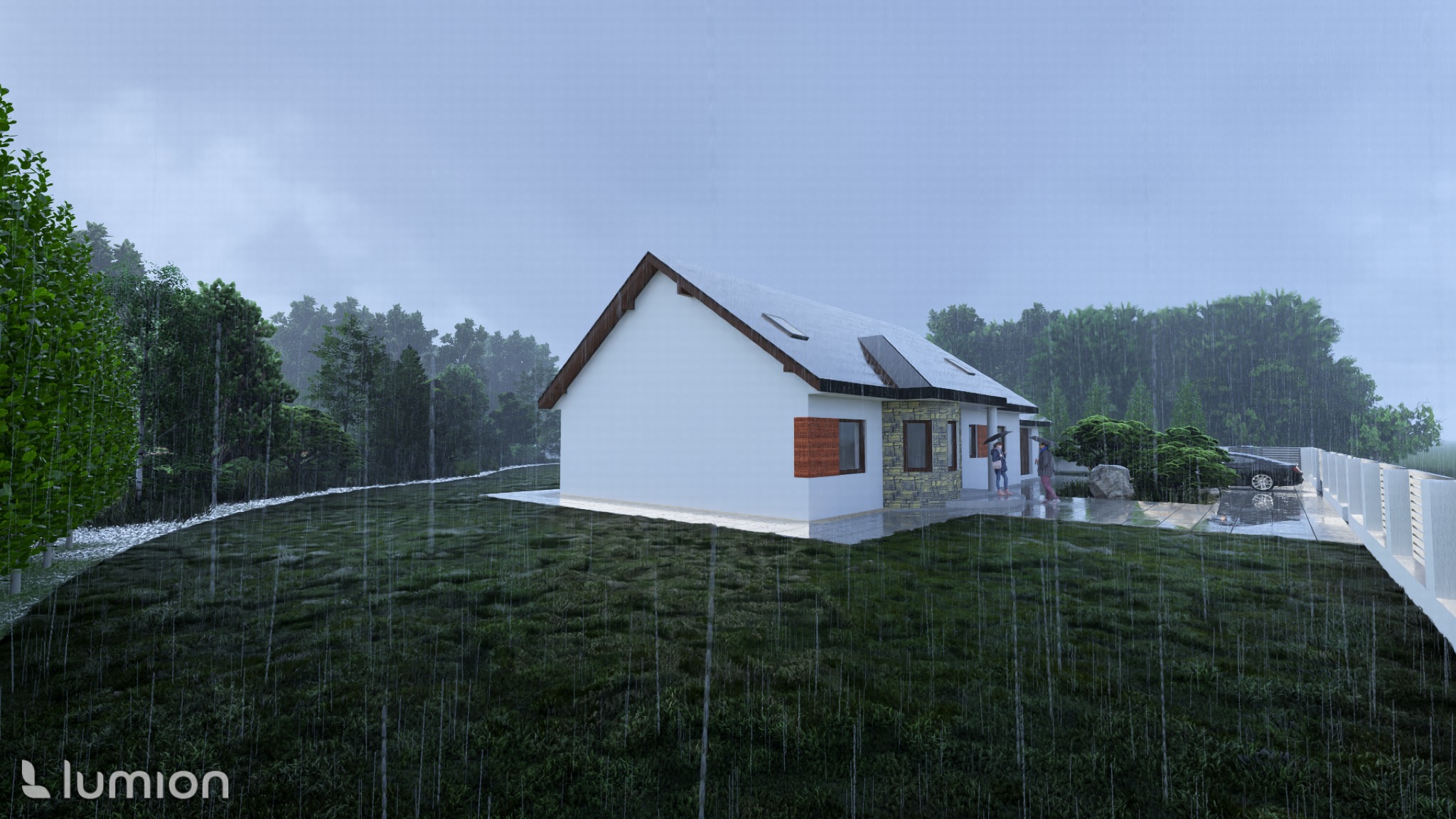 Wizualizacja domu jednorodzinnego z ogrodem w deszczowy dzień, wykonana w programie Lumion. Widoczne drzewa, trawnik, ogrodzenie i osoby z parasolami.