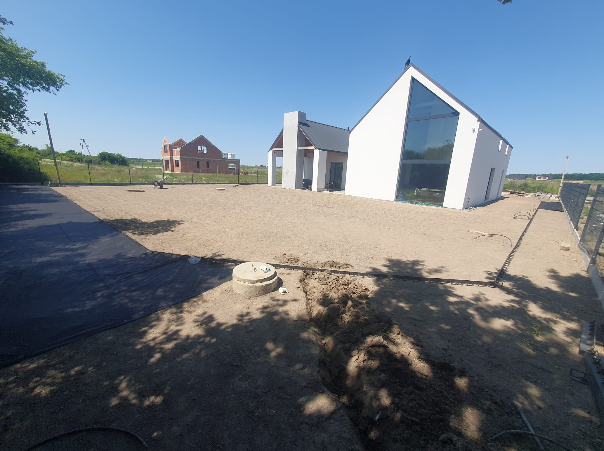 Przygotowanie terenu pod ogród: wyrównana ziemia, wykopany rów, widoczna studzienka i czarna agrowłóknina. W tle nowoczesny dom z dużymi oknami i budynek w trakcie budowy.