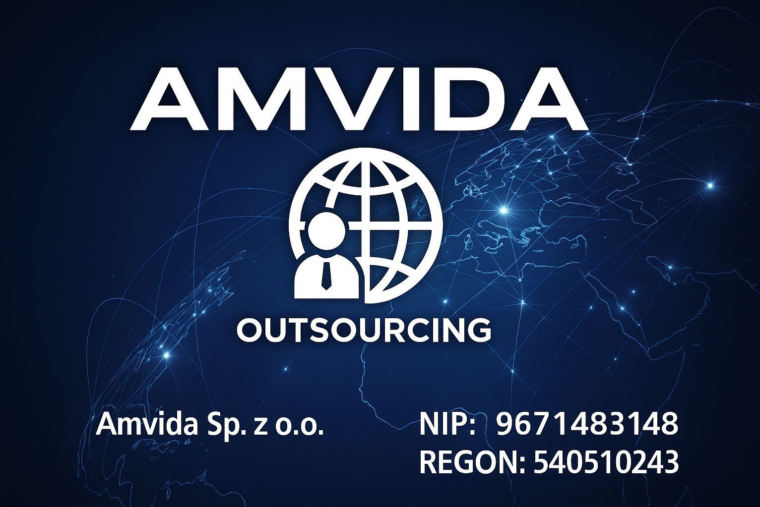Grafika Amvida Outsourcing z logo: glob z sylwetką osoby w krawacie. Błękitne tło z mapą świata i połączeniami. Dane firmy: NIP, REGON, nazwa Amvida Sp. z o.o.
