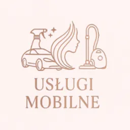 Grafika liniowa: auto z rozpylaczem, profil kobiety, odkurzacz. Napis 'Usługi Mobilne'. Pastelowa kolorystyka, minimalistyczny styl.