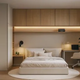 Jasna sypialnia z drewnianą zabudową meblową, oświetleniem LED nad łóżkiem i biurkiem. Minimalistyczny design z rośliną w rogu.