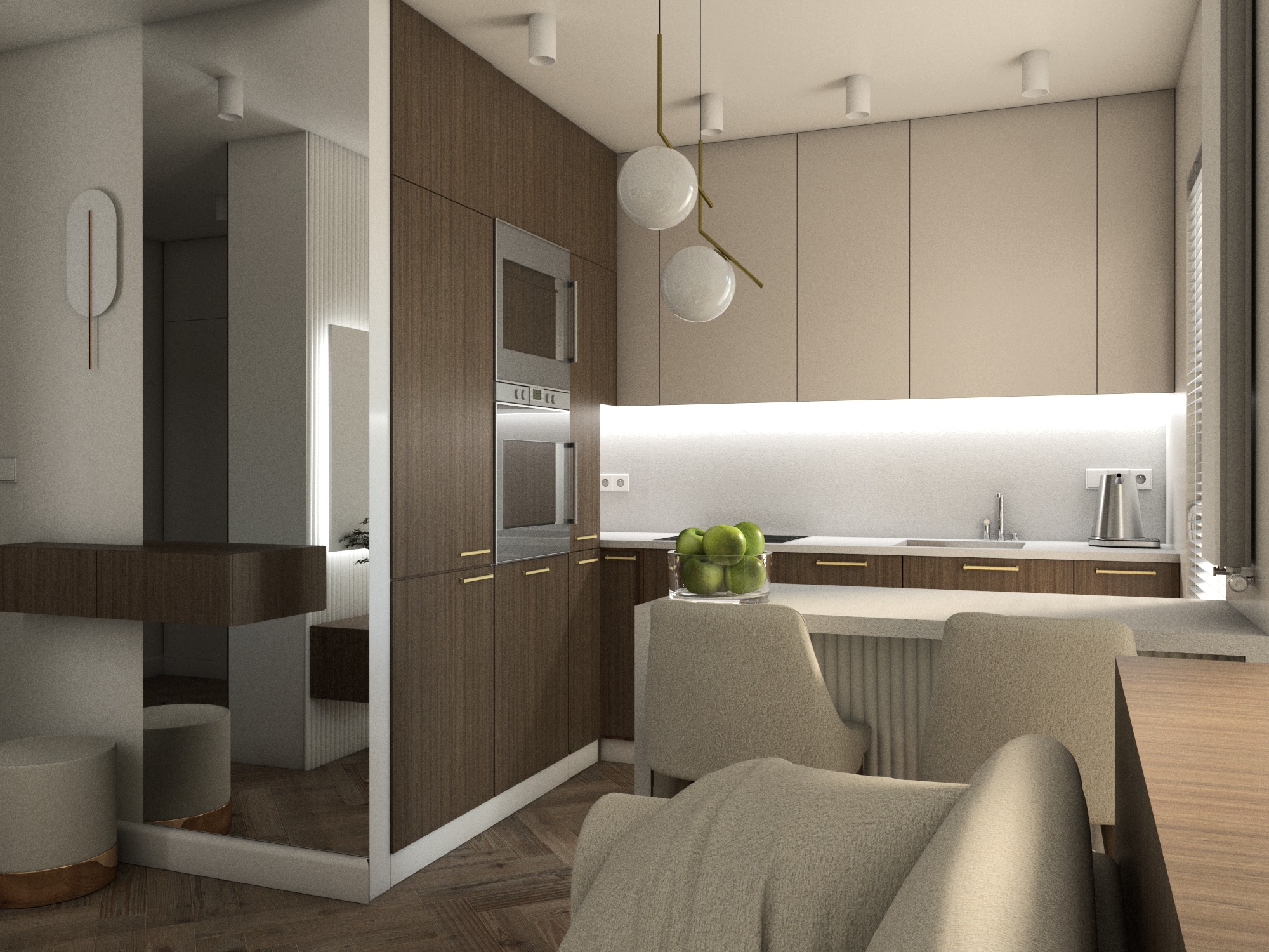 Nowoczesna kuchnia z drewnianymi frontami, oświetleniem LED pod szafkami i minimalistycznymi lampami wiszącymi. Na blacie szklana misa z zielonymi jabłkami.