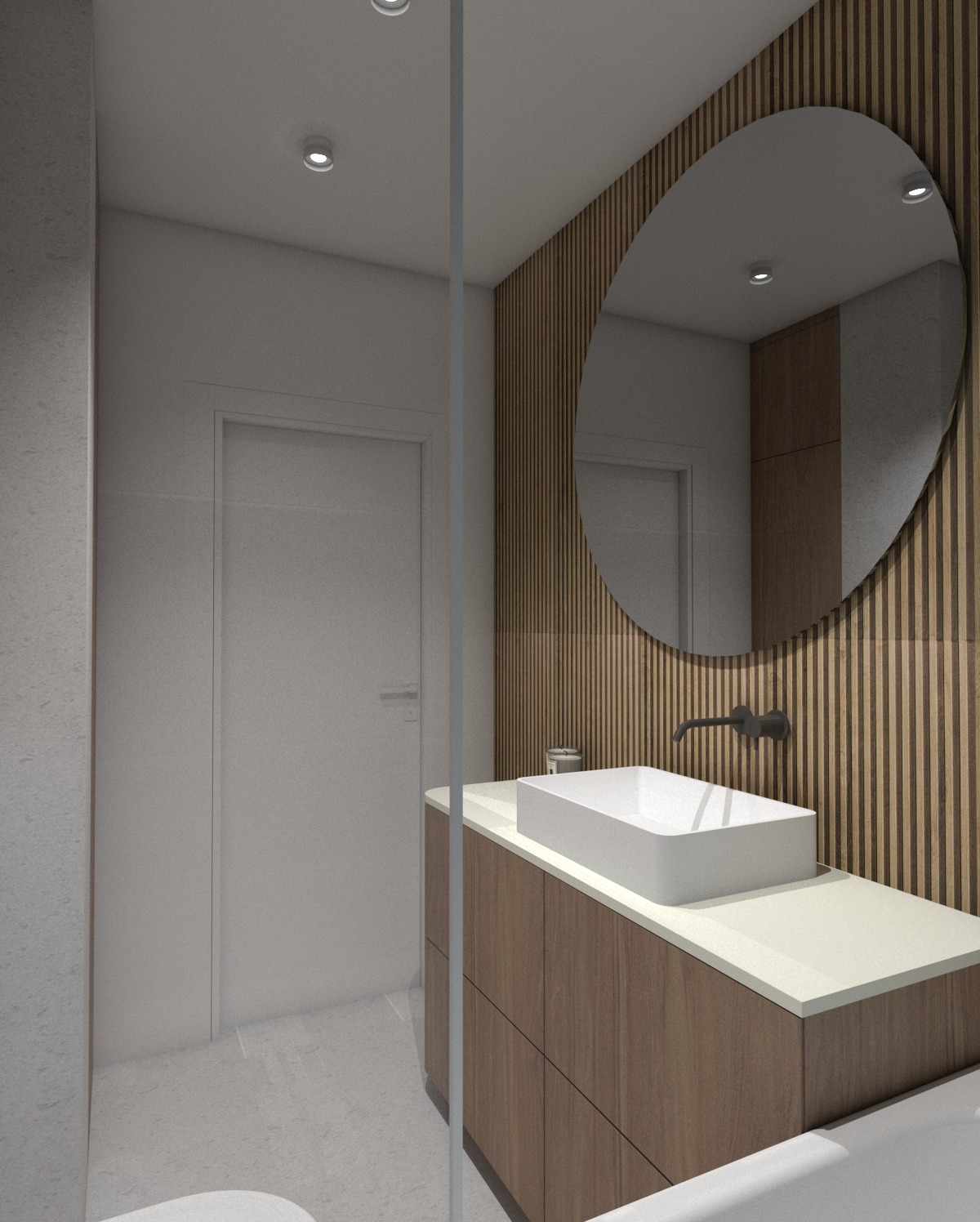 Nowoczesna łazienka z okrągłym lustrem na tle drewnianej ściany. Biała umywalka nablatowa z czarną armaturą. Minimalistyczny design, jasna kolorystyka, subtelne oświetlenie.