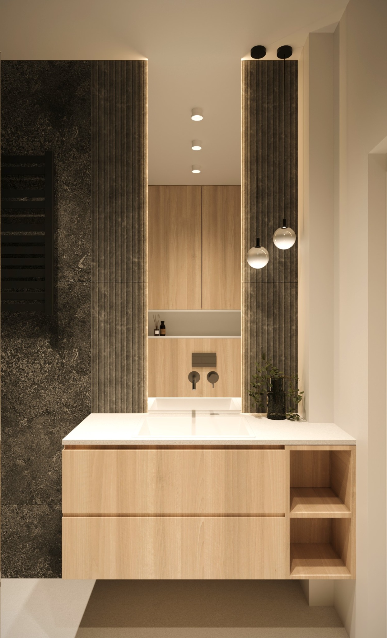 Nowoczesna łazienka z drewnianą szafką pod umywalką, czarnym kamieniem na ścianie i dekoracyjnym oświetleniem. Minimalistyczny design.
