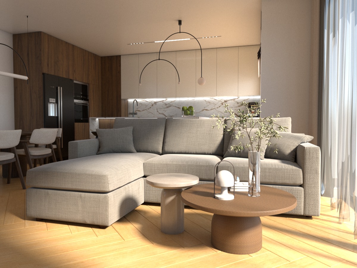 Stylowy salon z szarym narożnikiem, drewnianą podłogą i minimalistycznym oświetleniem. Marmurowy backsplash w kuchni w tle dodaje elegancji.