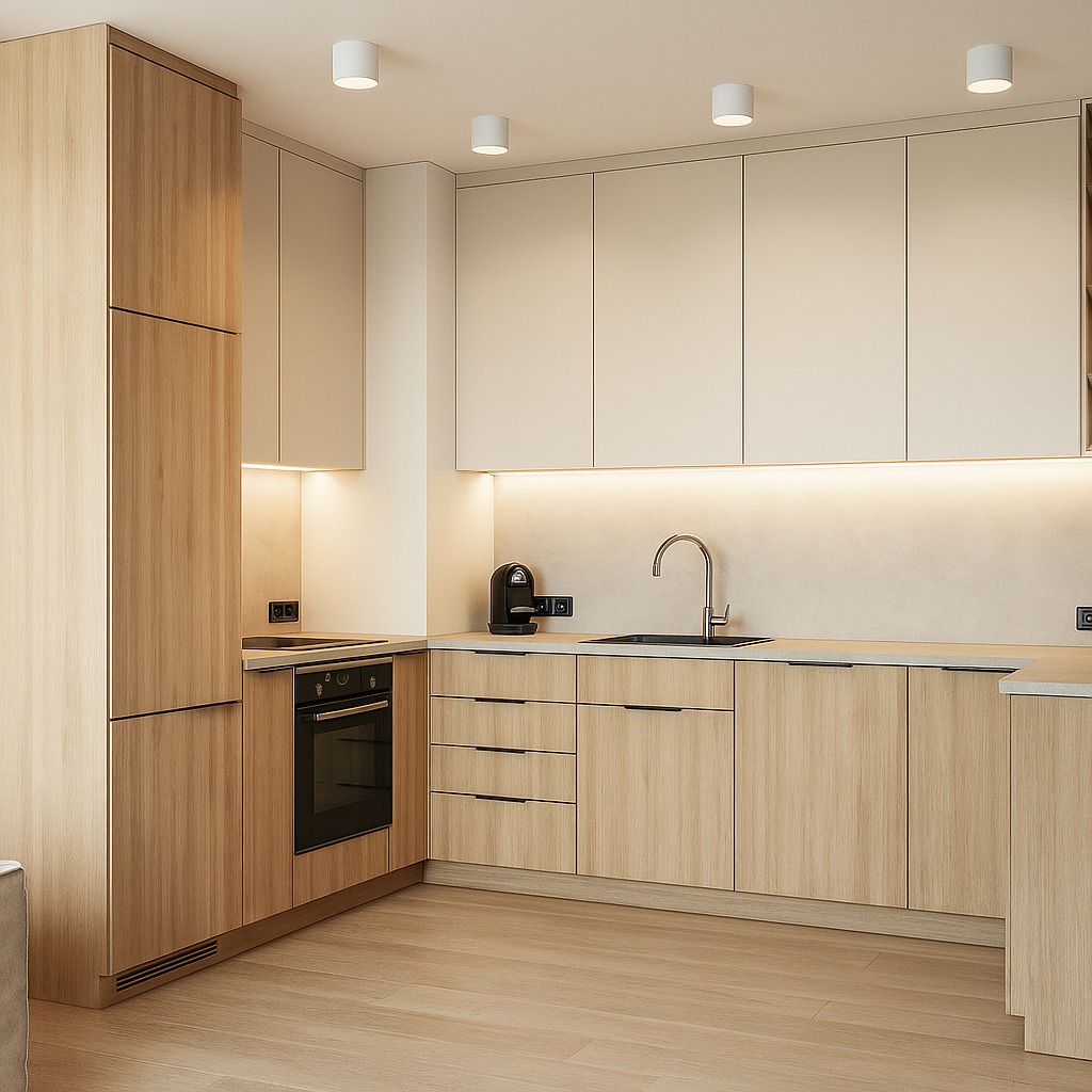 Nowoczesna kuchnia w beżach i drewnie z oświetleniem LED podszafkowym, czarnym ekspresem do kawy i minimalistycznym zlewem. Jasne drewno na podłodze.