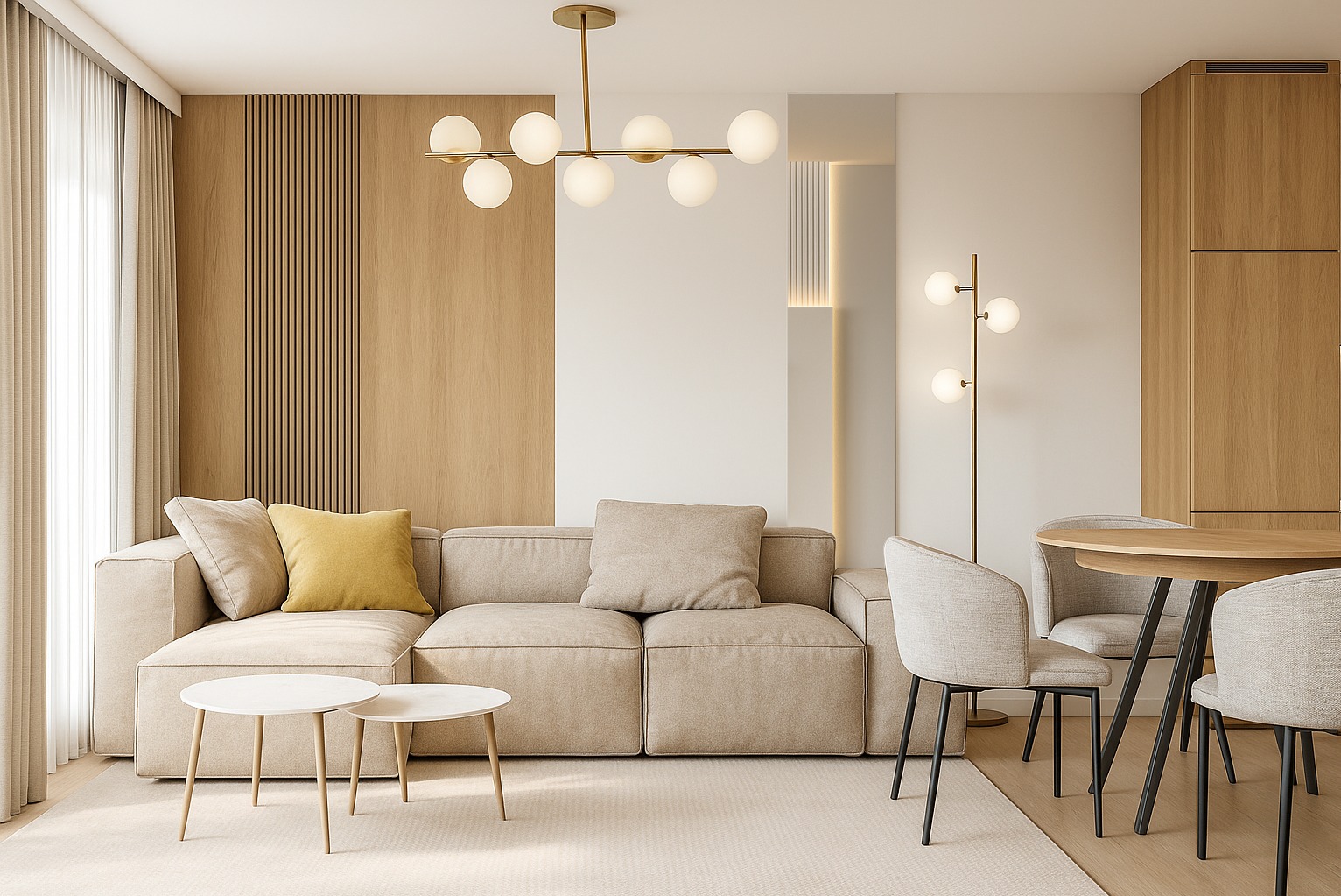 Jasne wnętrze z beżową sofą, okrągłym stołem i lampami kulistymi. Drewniane panele ścienne i minimalistyczny design tworzą przytulną przestrzeń.