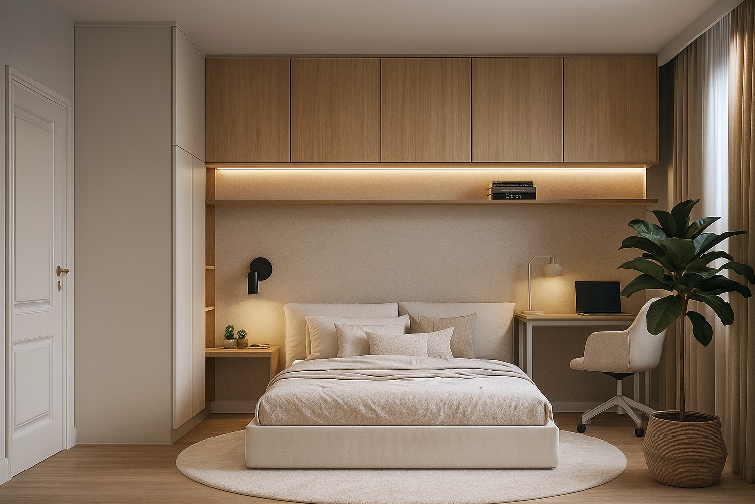 Jasna sypialnia z drewnianą zabudową meblową, oświetleniem LED nad łóżkiem i biurkiem. Minimalistyczny design z rośliną w rogu.