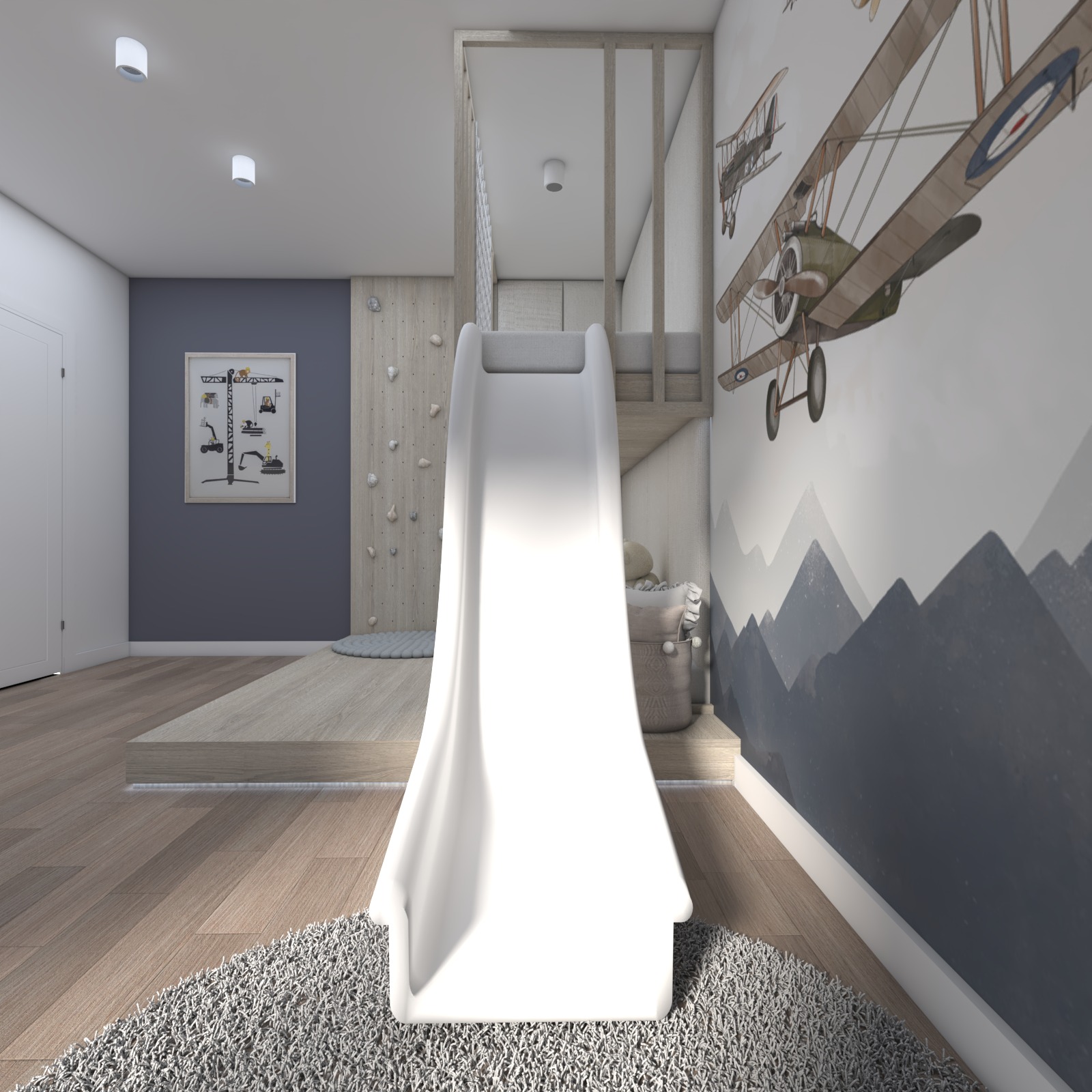 Pokój dziecięcy z białą zjeżdżalnią, ścianką wspinaczkową i tapetą w samoloty. Jasne drewno i szary dywan tworzą przytulną atmosferę.