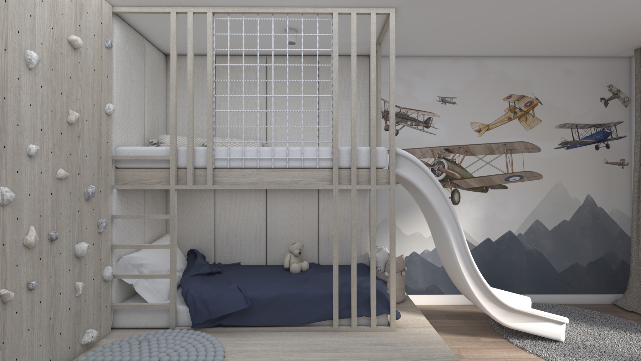 Pokój dziecięcy z łóżkiem piętrowym, ścianką wspinaczkową i zjeżdżalnią, ozdobiony tapetą z motywem samolotów i gór w stonowanych kolorach.