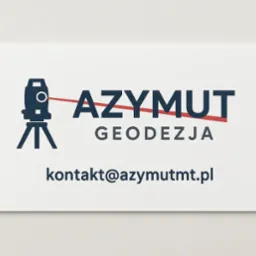 Grafika z logo firmy geodezyjnej: ciemnoniebieski teodolit, nazwa firmy 'Azymut' z czerwoną linią, napis 'Geodezja' i adres e-mail na białym tle.